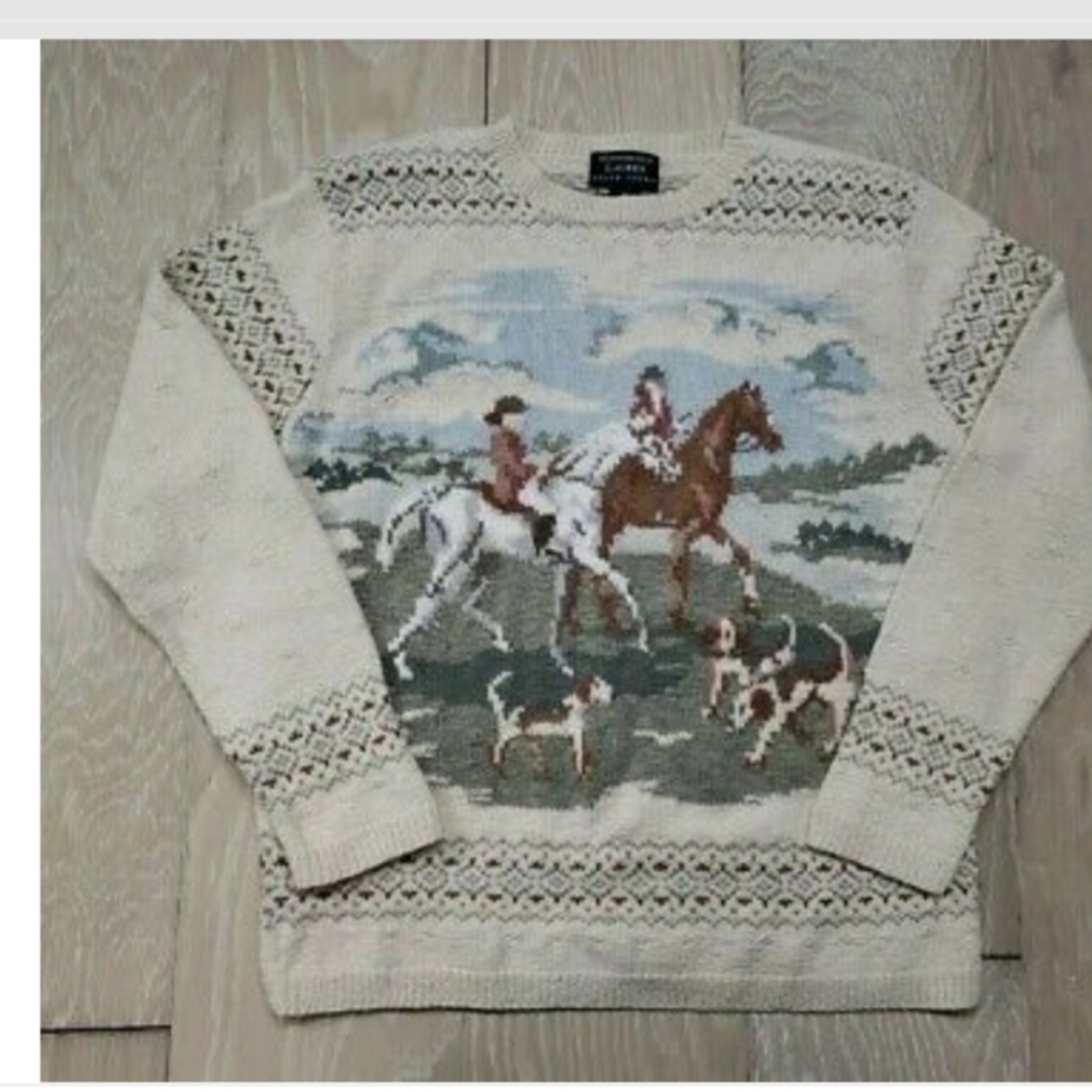 Vintage Hand Knit Ralph Lauren Equestrian & Dog Fox Hunt Sweater Size L Cotton